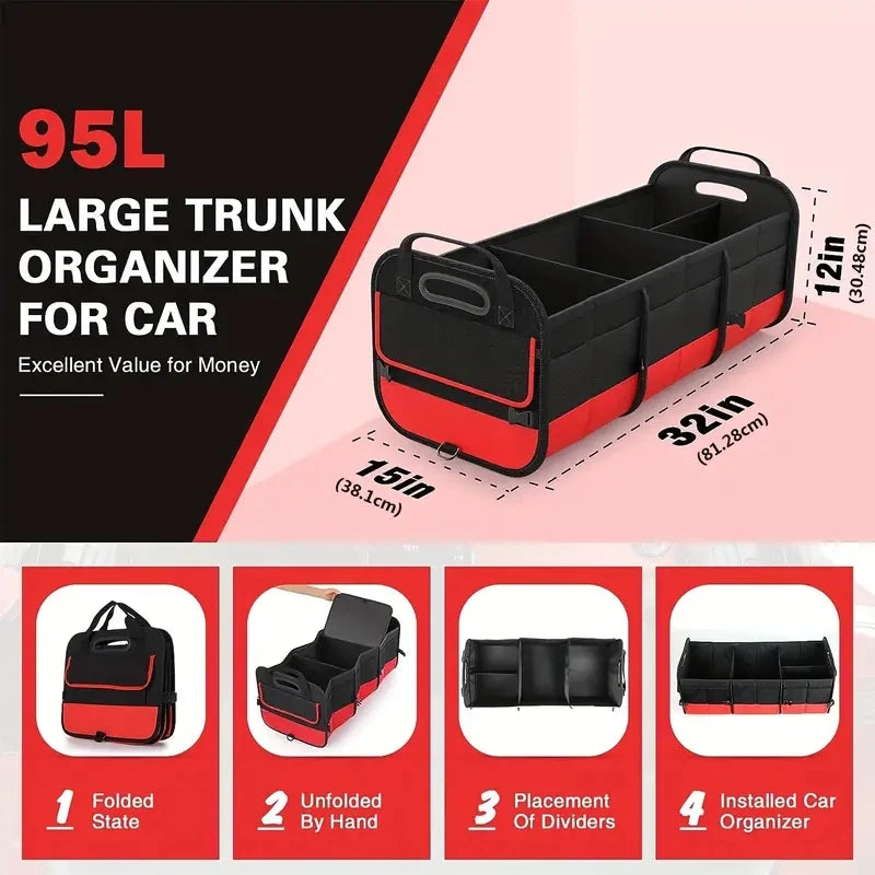 Universal Large Trunk Organizer For Car, Collapsible Multi Compartment Trunk Storage Bag With 2 Retractable Straps Mary's For You