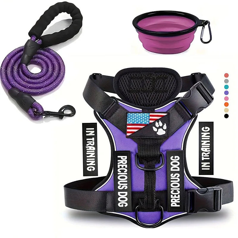Service Dog Harness & Leash Set with 1pc Folding Bowl Reflective Adjustable Dog Vest Harness Soft Oxford Pet Harness For Small M Mary's For You