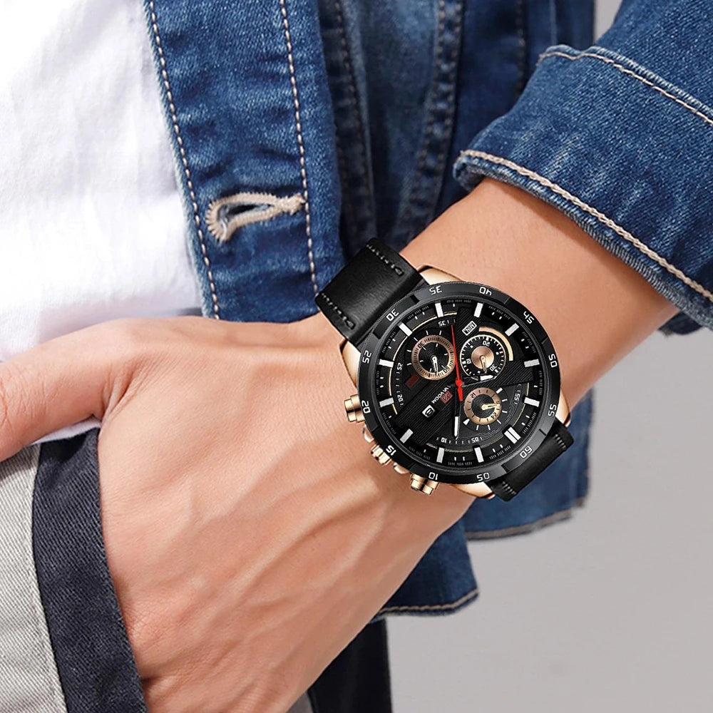 Top Men Watch Sports Style 46mm Large Leather Racing Style Casual Fashion Original Black Rose Gold Calendar Quartz Watch Relogio Mary's For You