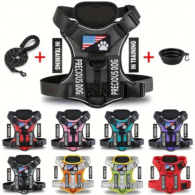 Service Dog Harness & Leash Set with 1pc Folding Bowl Reflective Adjustable Dog Vest Harness Soft Oxford Pet Harness For Small M Mary's For You