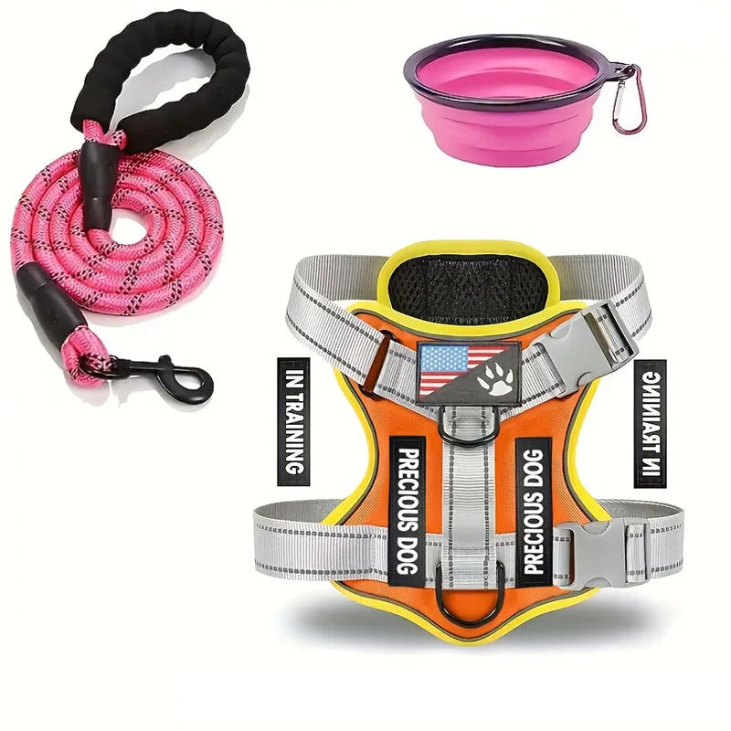 Service Dog Harness & Leash Set with 1pc Folding Bowl Reflective Adjustable Dog Vest Harness Soft Oxford Pet Harness For Small M Mary's For You