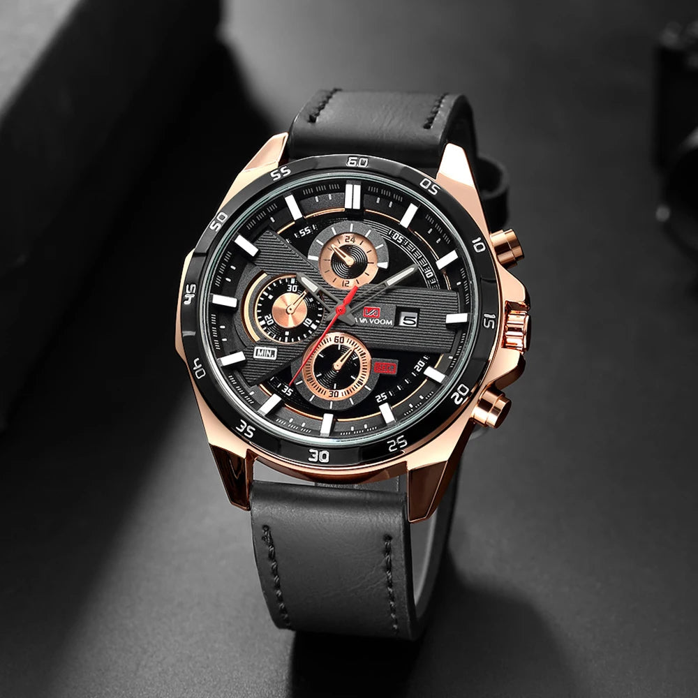 Top Men Watch Sports Style 46mm Large Leather Racing Style Casual Fashion Original Black Rose Gold Calendar Quartz Watch Relogio Mary's For You