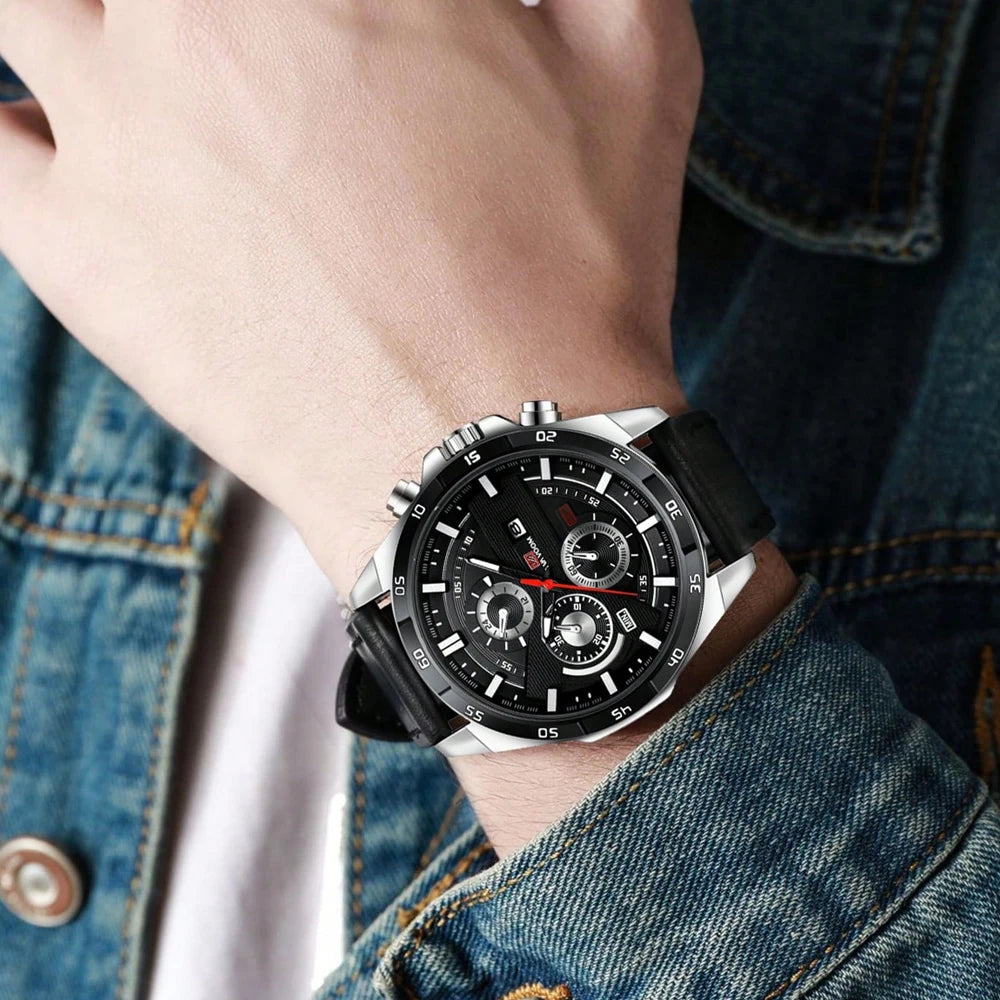 Top Men Watch Sports Style 46mm Large Leather Racing Style Casual Fashion Original Black Rose Gold Calendar Quartz Watch Relogio Mary's For You