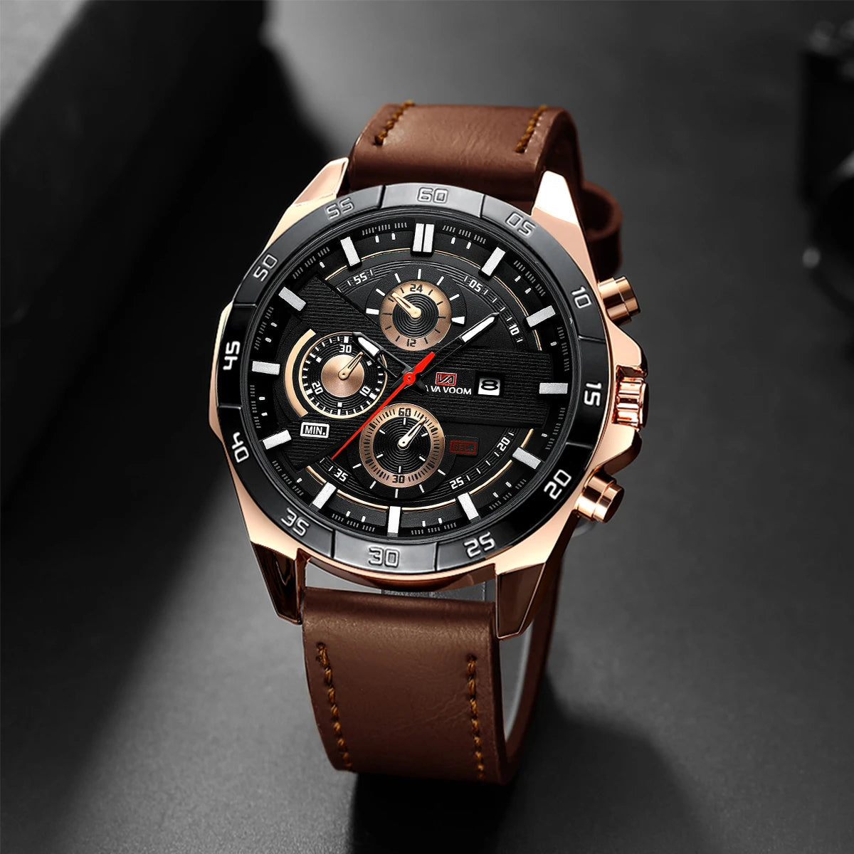 Top Men Watch Sports Style 46mm Large Leather Racing Style Casual Fashion Original Black Rose Gold Calendar Quartz Watch Relogio Mary's For You