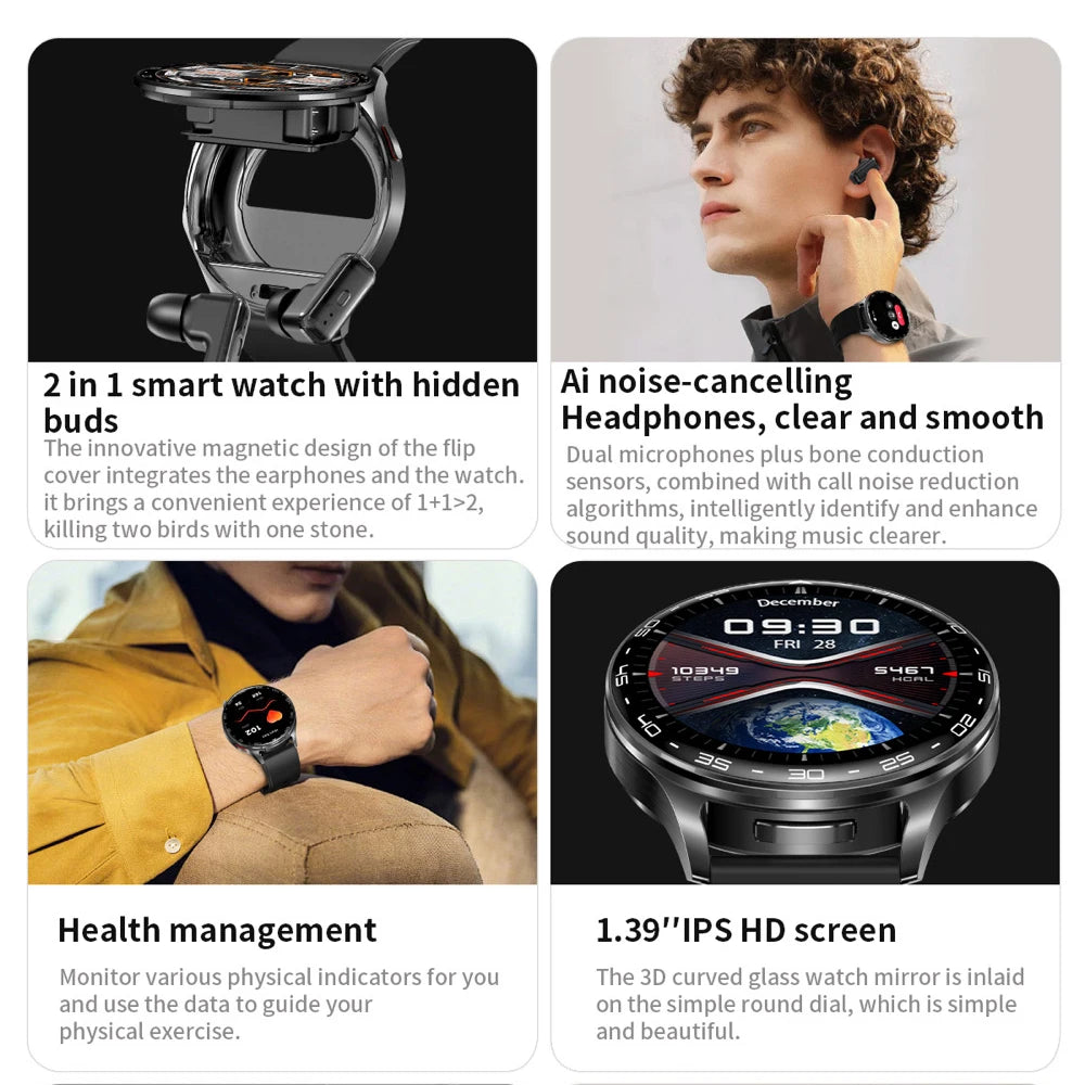 2 In 1 TWS Headset Smart Watch 1.39" Men Women Sport Fitness Heart Rate Health Watches Earphone Noise Reduction Music Smartwatch Mary's For You