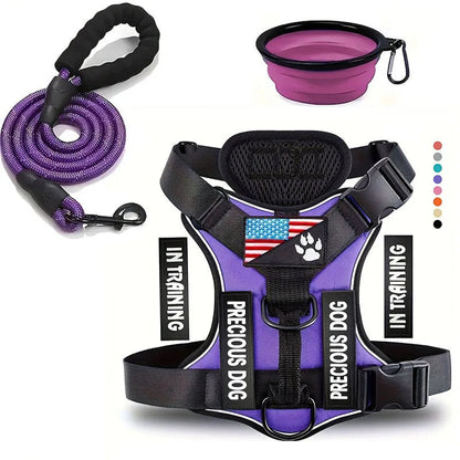 Service Dog Harness & Leash Set with 1pc Folding Bowl Reflective Adjustable Dog Vest Harness Soft Oxford Pet Harness For Small M Mary's For You