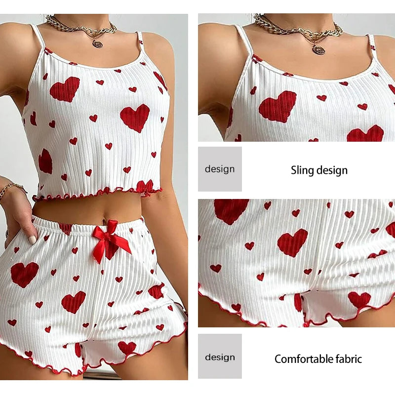 Women's Pajamas Set Sleepwear 2 PCS Short Tank Tops And Shorts S M L White Ventilate Soft Casual Love Printing Mary's For You