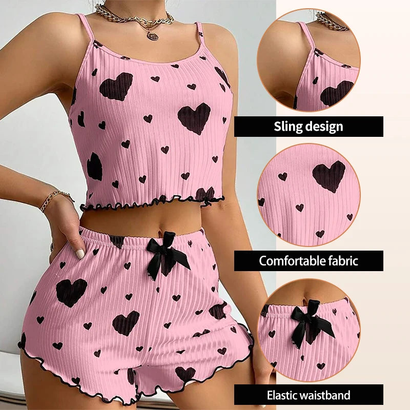 Women's Pajamas Set Sleepwear 2 PCS Short Tank Tops And Shorts S M L White Ventilate Soft Casual Love Printing Mary's For You