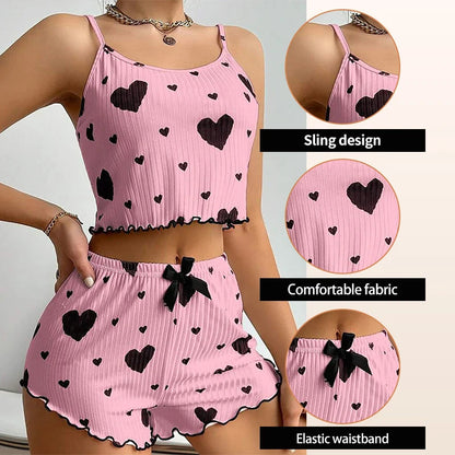 Women's Pajamas Set Sleepwear 2 PCS Short Tank Tops And Shorts S M L White Ventilate Soft Casual Love Printing Mary's For You
