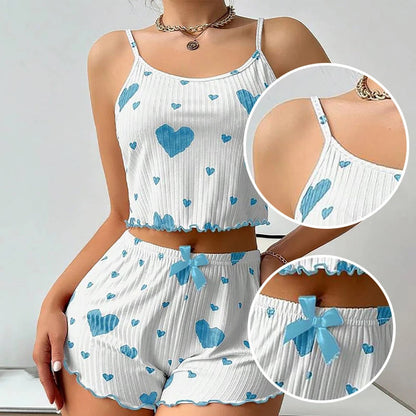 Women's Pajamas Set Sleepwear 2 PCS Short Tank Tops And Shorts S M L White Ventilate Soft Casual Love Printing Mary's For You