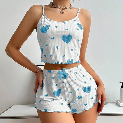 Women's Pajamas Set Sleepwear 2 PCS Short Tank Tops And Shorts S M L White Ventilate Soft Casual Love Printing Mary's For You