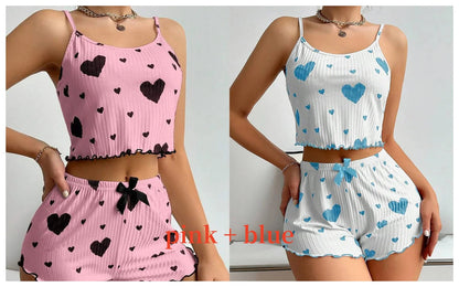 Women's Pajamas Set Sleepwear 2 PCS Short Tank Tops And Shorts S M L White Ventilate Soft Casual Love Printing Mary's For You