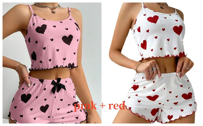 Women's Pajamas Set Sleepwear 2 PCS Short Tank Tops And Shorts S M L White Ventilate Soft Casual Love Printing Mary's For You