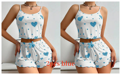 Women's Pajamas Set Sleepwear 2 PCS Short Tank Tops And Shorts S M L White Ventilate Soft Casual Love Printing Mary's For You