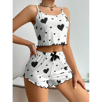 Women's Pajamas Set Sleepwear 2 PCS Short Tank Tops And Shorts S M L White Ventilate Soft Casual Love Printing Mary's For You