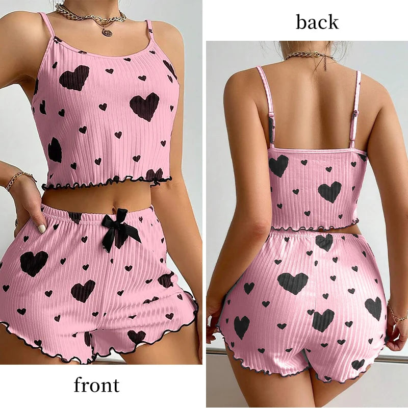Women's Pajamas Set Sleepwear 2 PCS Short Tank Tops And Shorts S M L White Ventilate Soft Casual Love Printing Mary's For You