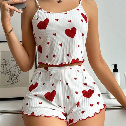 Women's Pajamas Set Sleepwear 2 PCS Short Tank Tops And Shorts S M L White Ventilate Soft Casual Love Printing Mary's For You