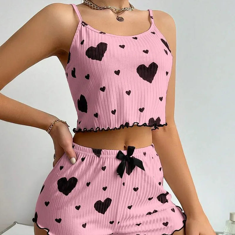 Women's Pajamas Set Sleepwear 2 PCS Short Tank Tops And Shorts S M L White Ventilate Soft Casual Love Printing Mary's For You