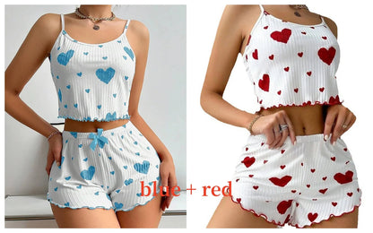 Women's Pajamas Set Sleepwear 2 PCS Short Tank Tops And Shorts S M L White Ventilate Soft Casual Love Printing Mary's For You